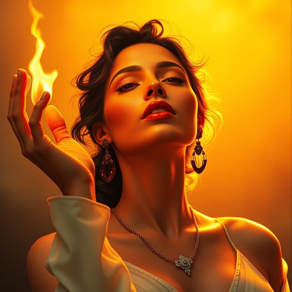 Woman Holding Flame: Art Nouveau Digital Illustration
