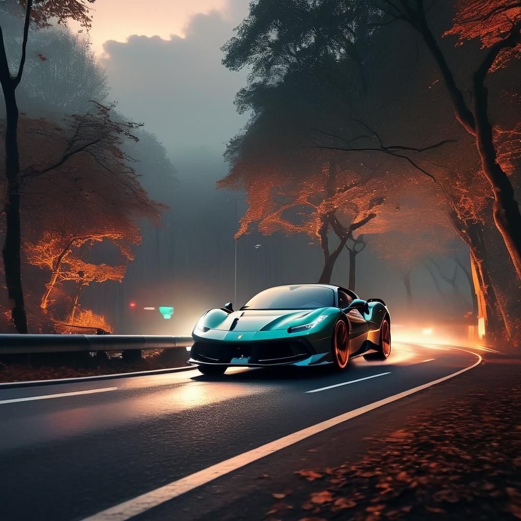 Neon Ferrari SF90 Races Through Cyberpunk Forest