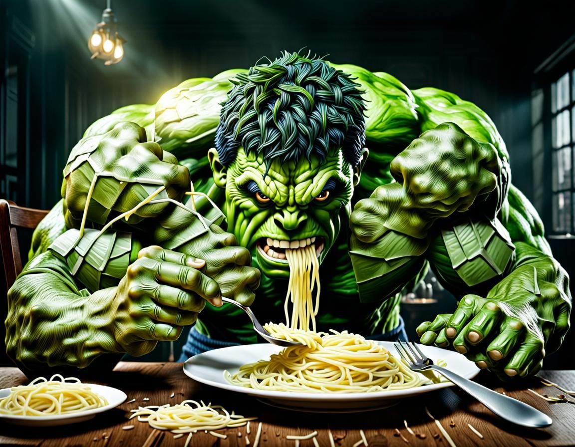 Hyperrealistic Hulk Struggles with Spaghetti