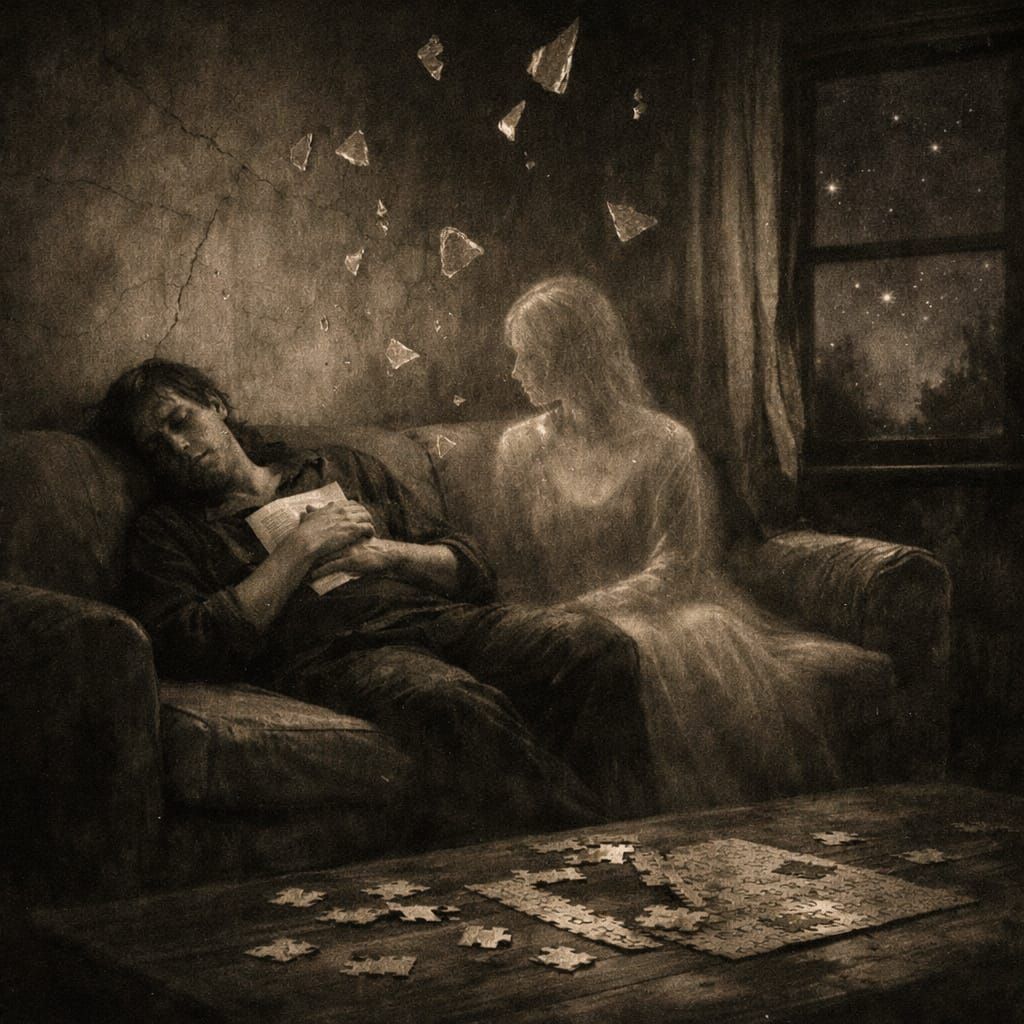 Solitary Figure in Amber Light with Spectral Presence