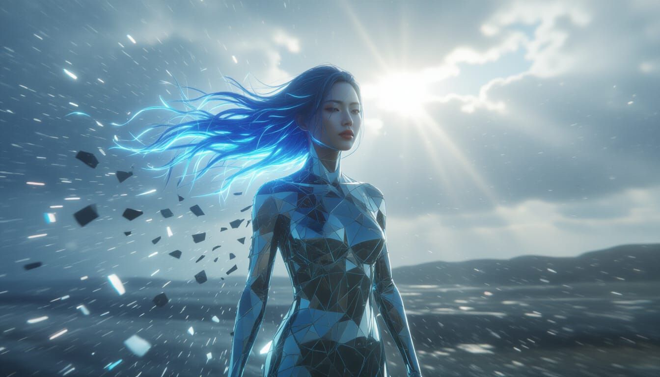 Glass Woman in Windstorm: Cinematic Digital Art