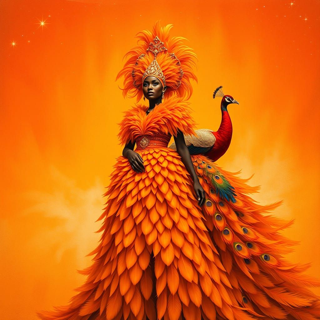 Regal Black Woman in Vibrant Orange Feathers