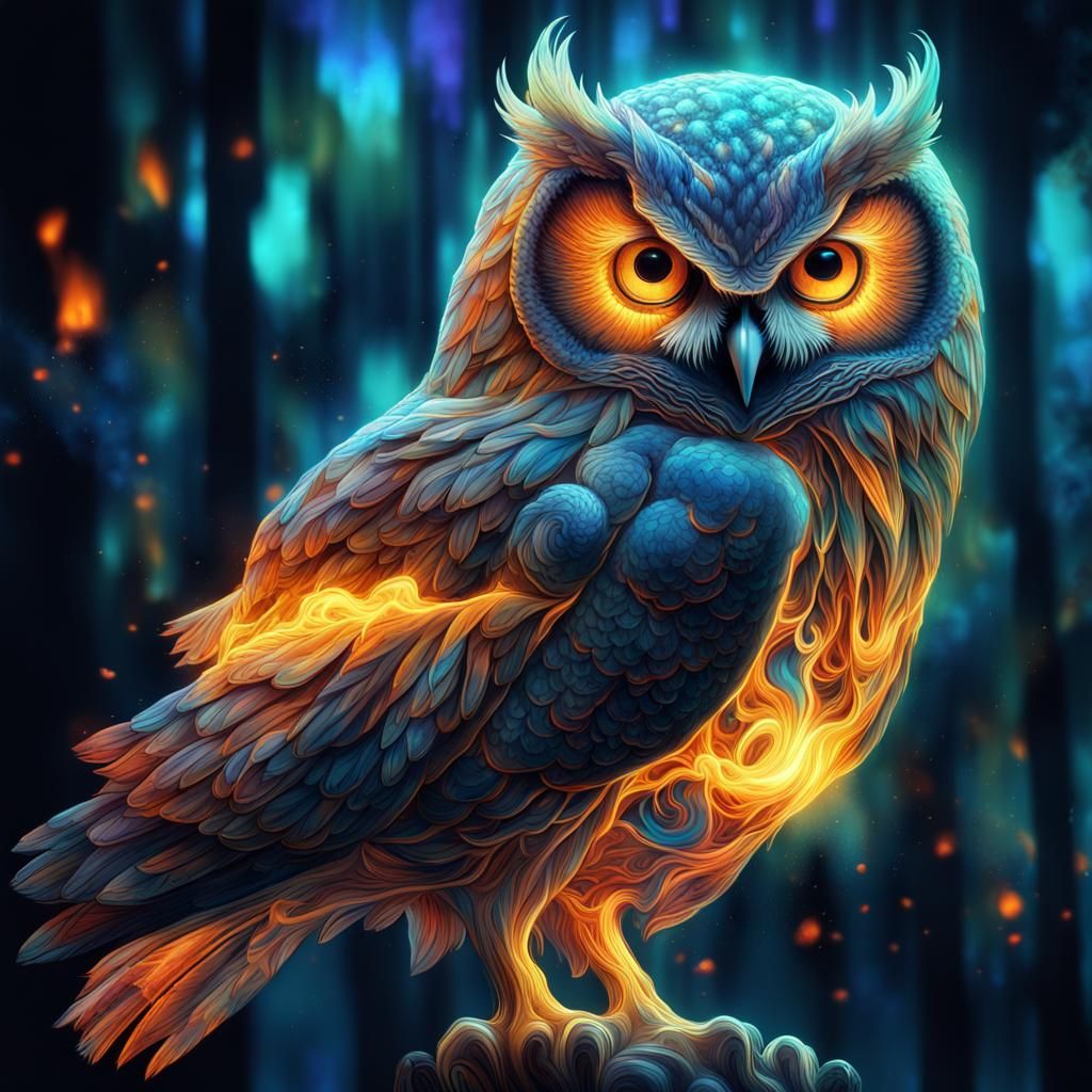 Glowing Translucent Owl with Fire Wings in Magic Realism