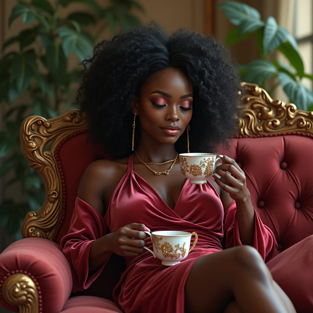 Elegant Woman with Afro in Dystopian Luxury