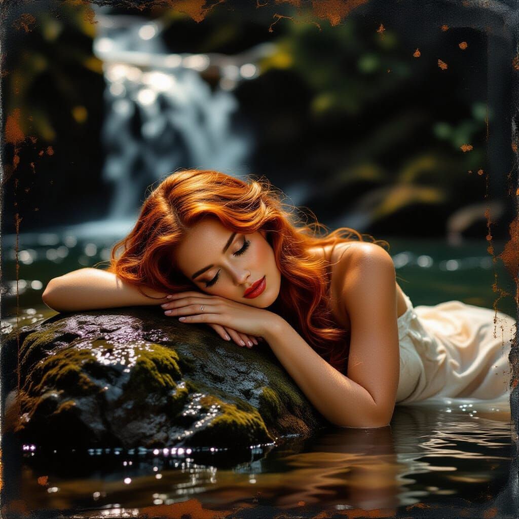 Woman With Red Hair Under Waterfall on Ancient Photo Plate