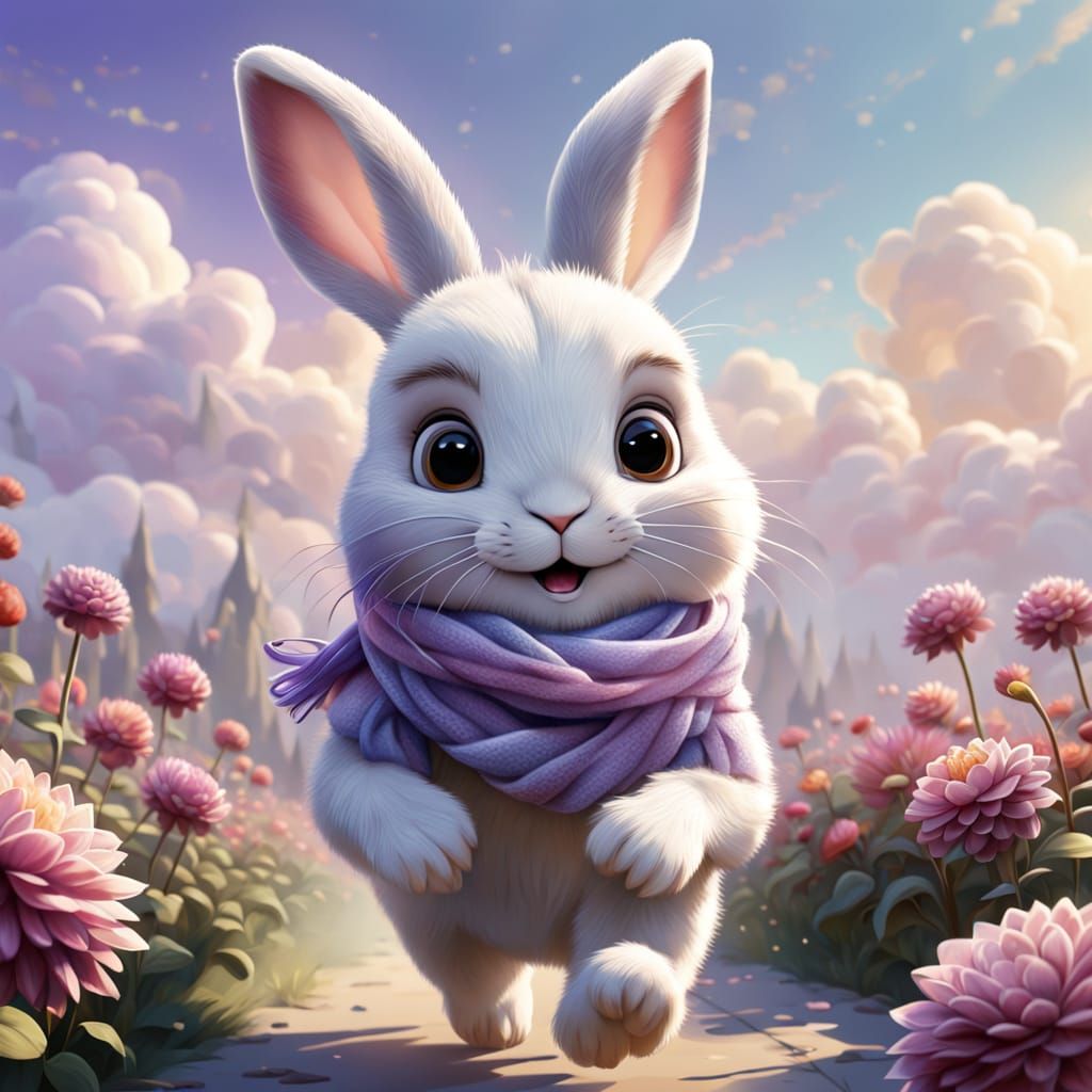 Fluffy Rabbit with Dahlias on Clouds: 3D Digital Art