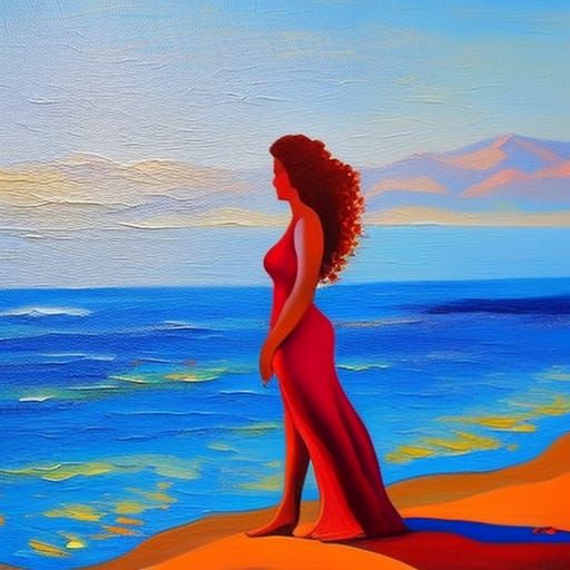 Auburn Haired Woman on Beach in Impressionist Style