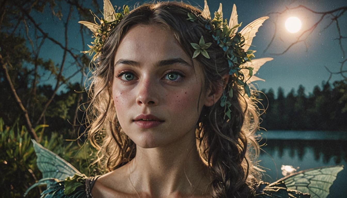 Moonlit Fairy by Lake: Cinematic Film Still