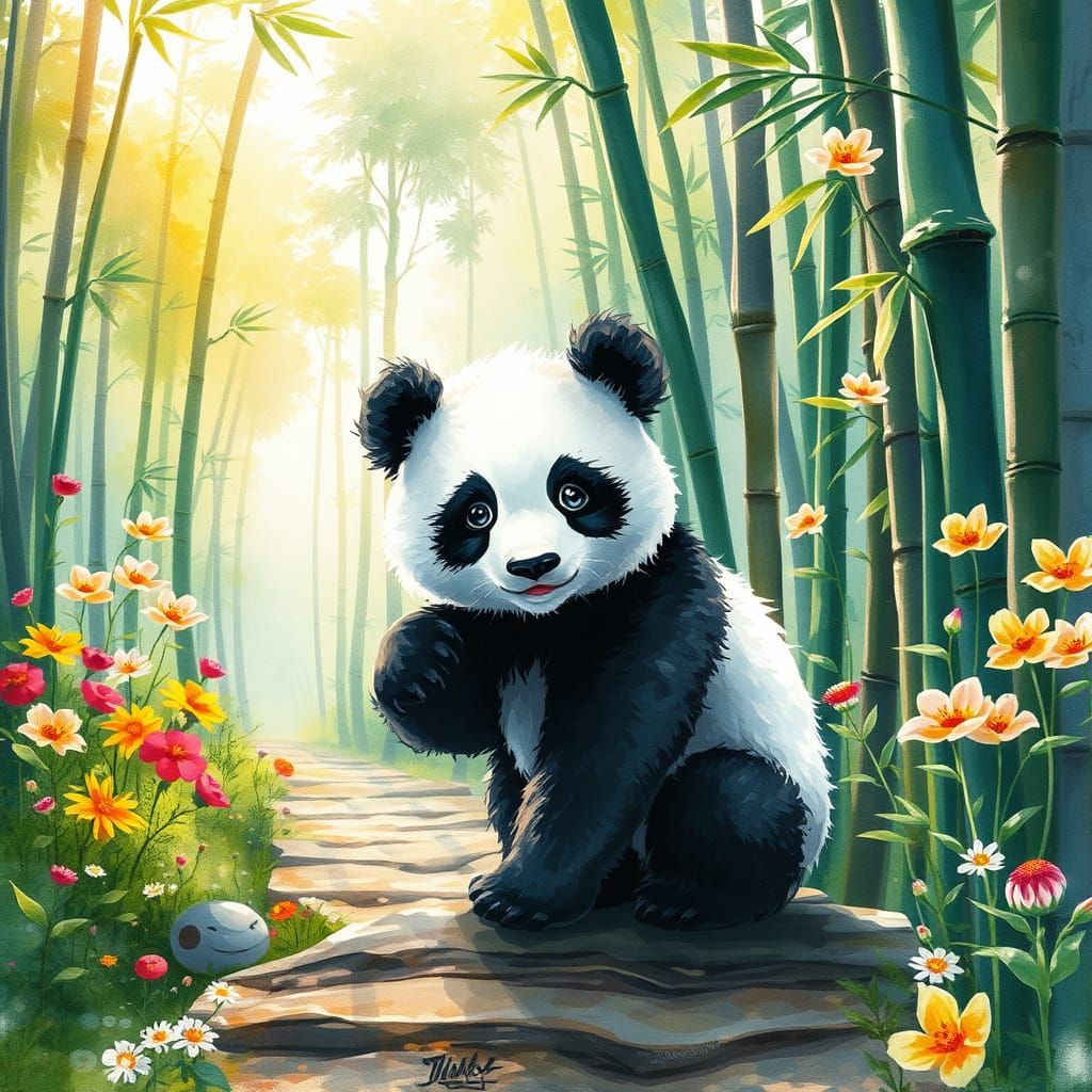 Surreal Panda Explores Whimsical Watercolour Forest