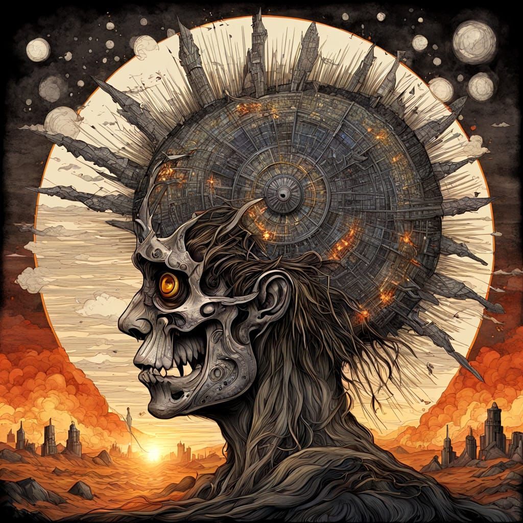 Ethereal Post-Apocalyptic Landscape in a Fiery Dawn