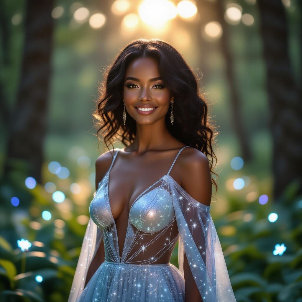 Woman in Starlight Dress in Bioluminescent Forest