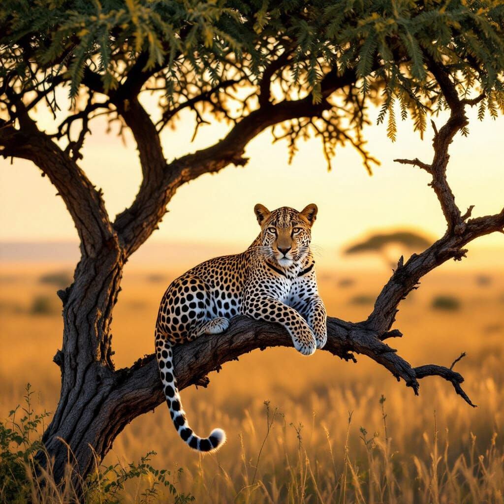 Photorealistic Leopard on Acacia Branch in Serengeti