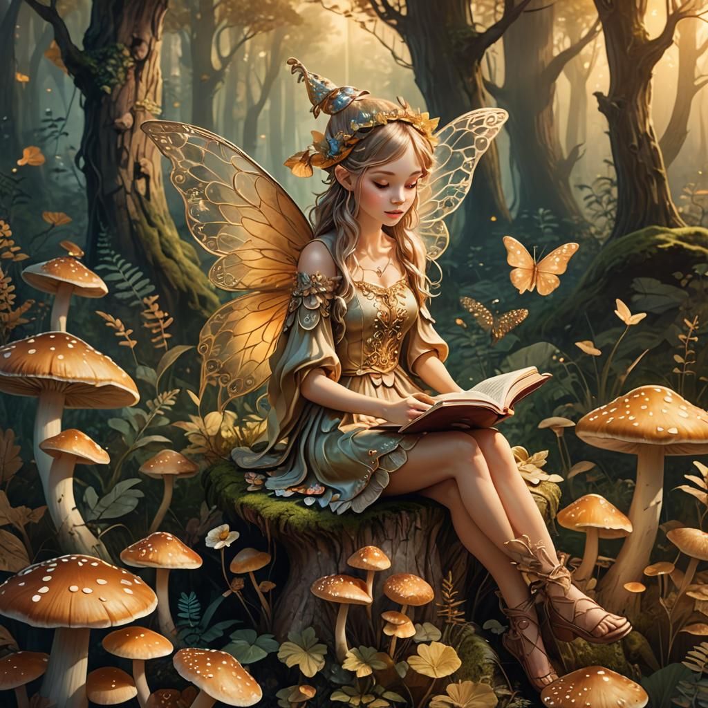 Fairy Reading Book on Mushroom in Forest