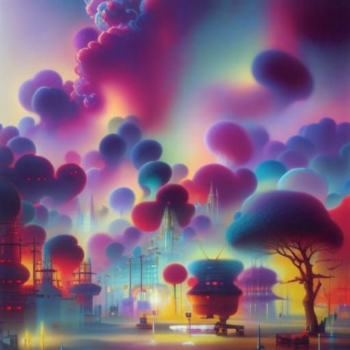 Colorful Surreal Cityscape with Grotesque Elements