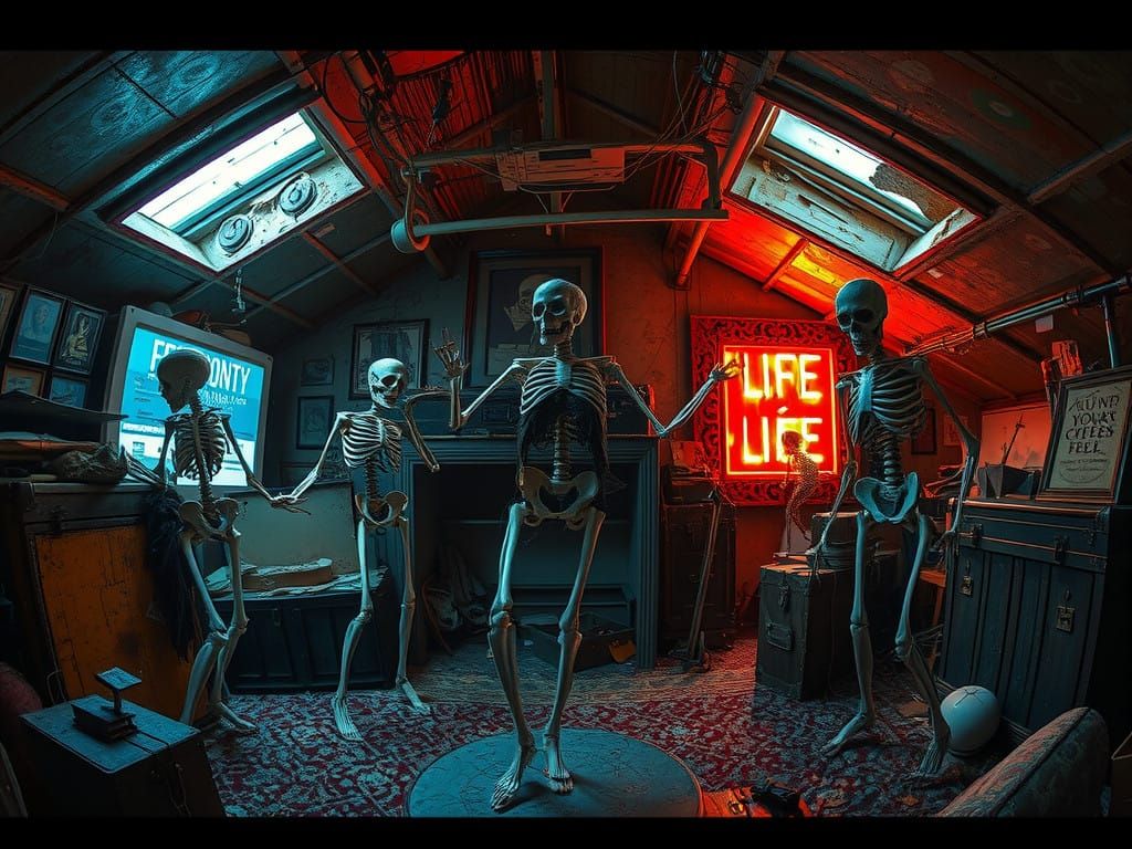 Cyberpunk Skeletons Dance in a Futuristic Attic
