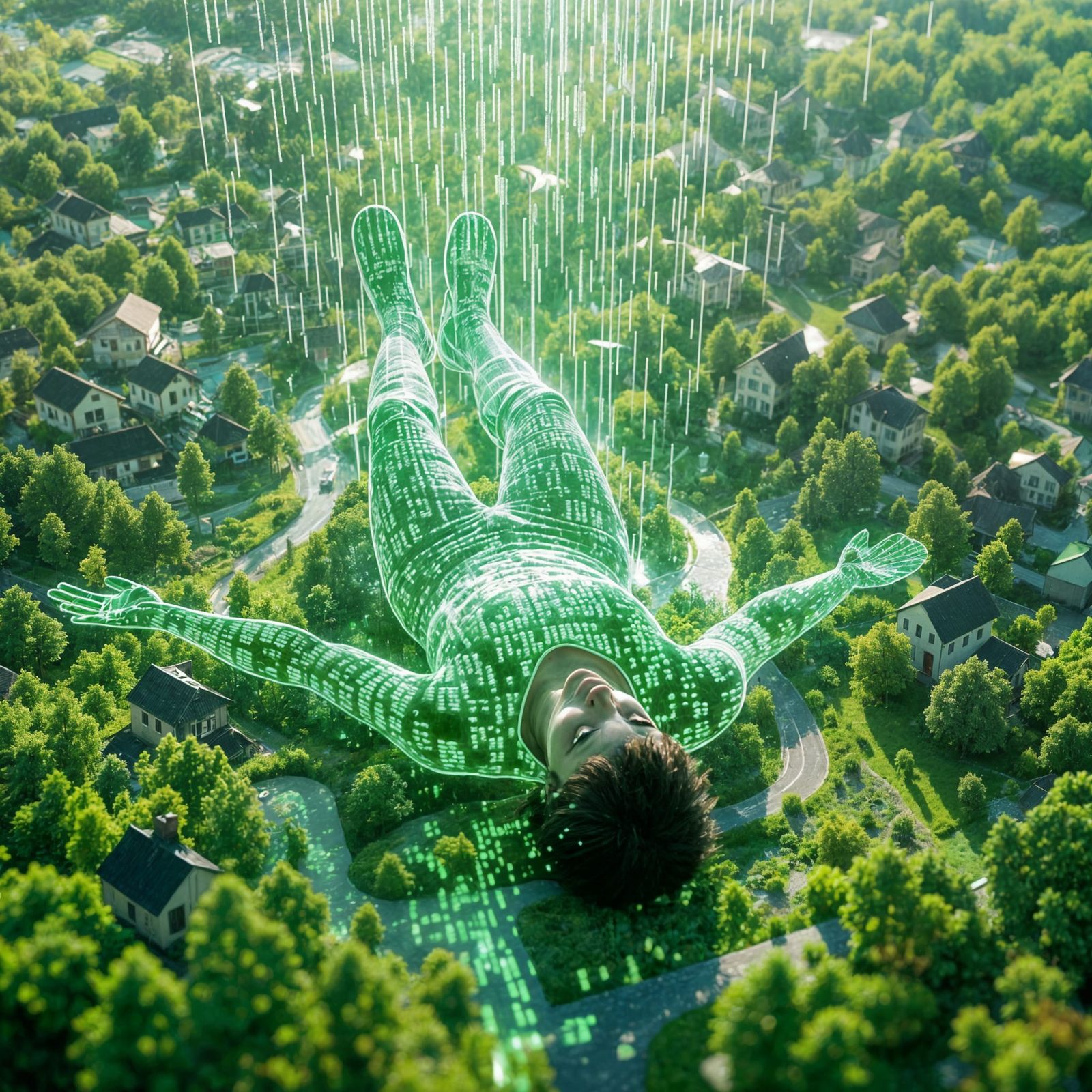 Man Made of Glowing Code Floats in Cosmic Landscape