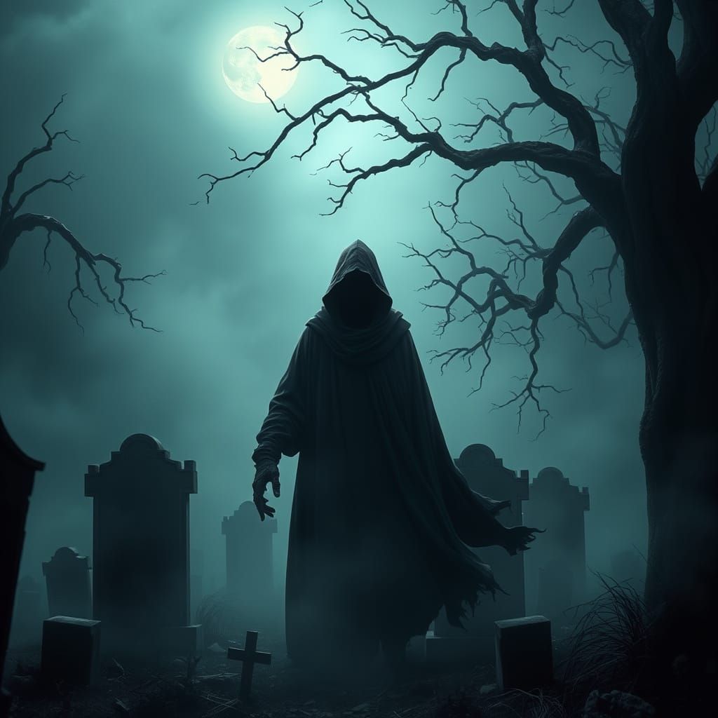 Ethereal Ghost Figure Haunts Moonlit Cemetery