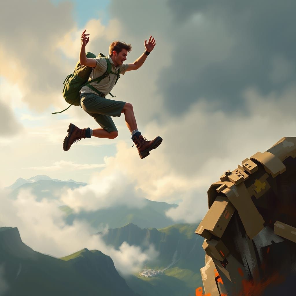 Epic Hiker Leaps Off Cliff in Vibrant Landscape