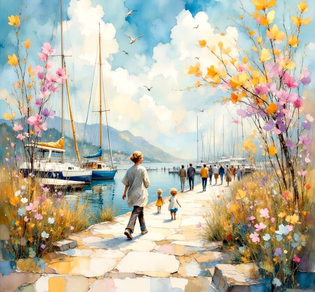 Spring Marina Boardwalk Scene with Yachts and Seagulls