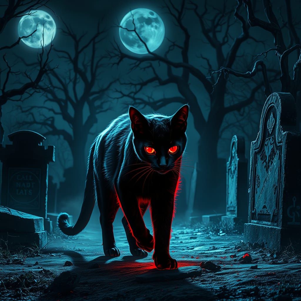Ethereal Black Cat in Graveyard, Eerie Digital Art