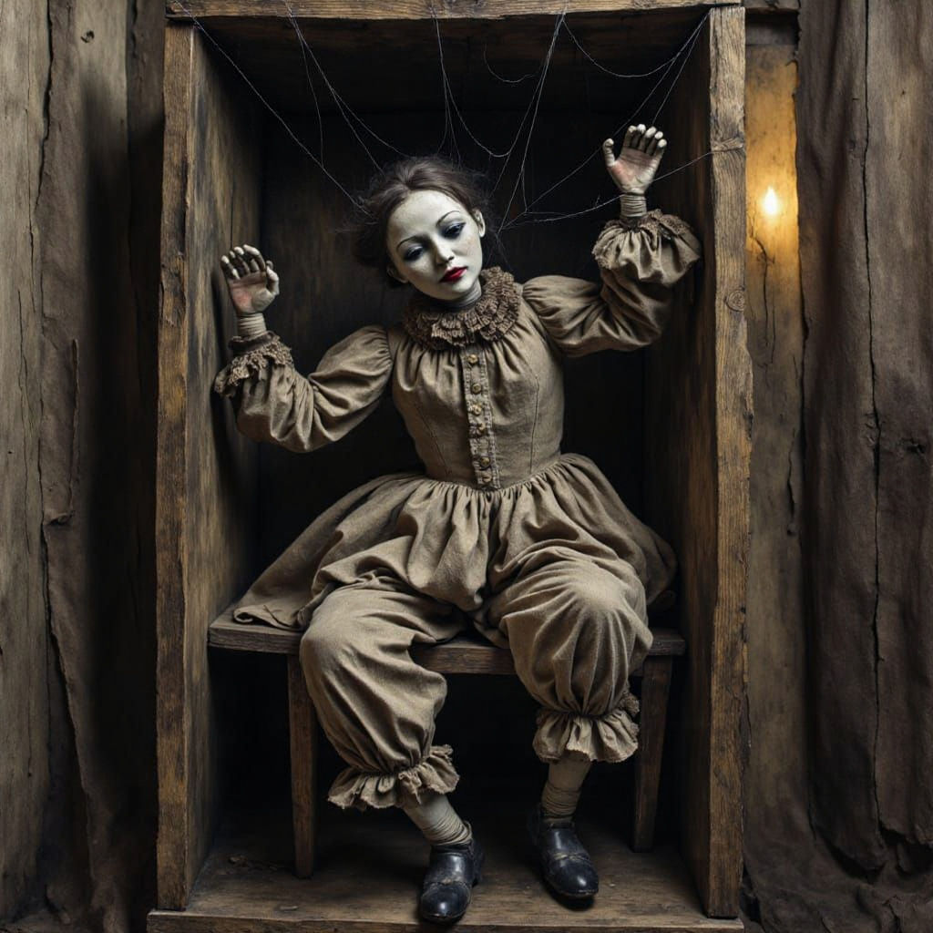 Melancholy Harlequin Marionette in Dark Box