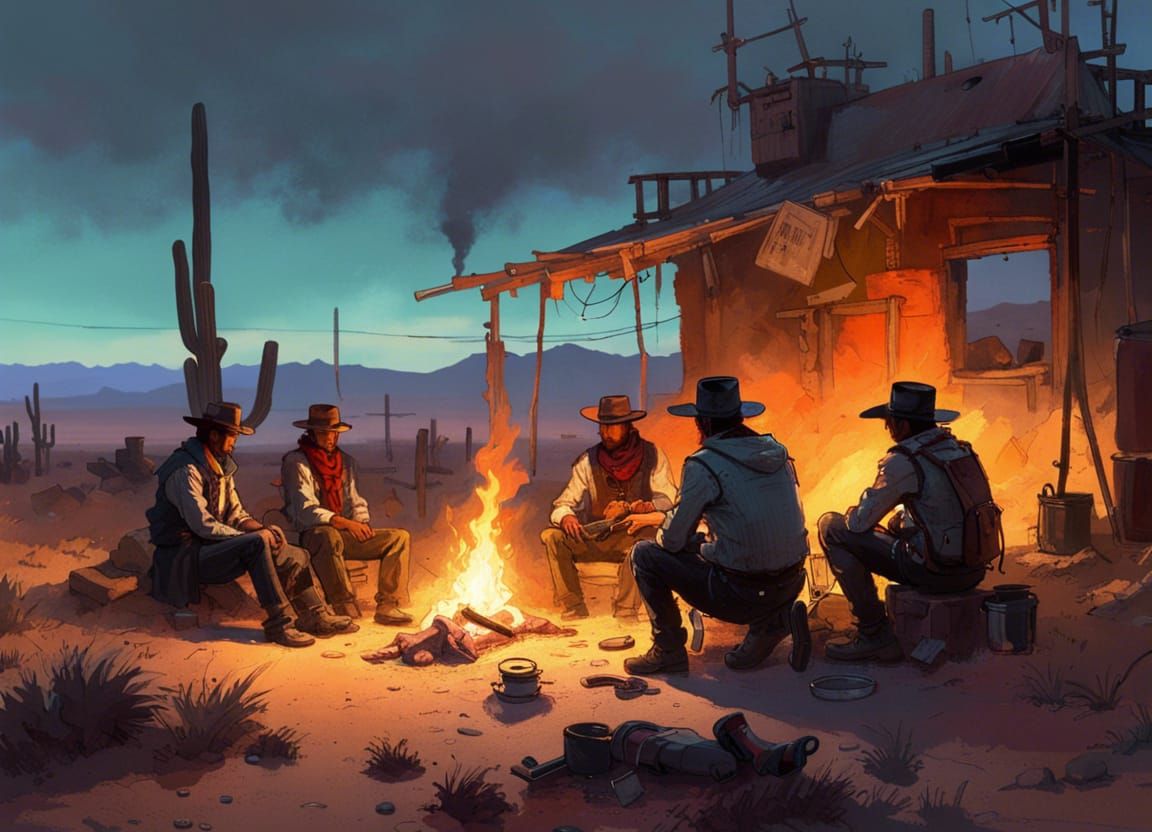 Cowboys at Dusk in Mojave Desert Fantasy Art
