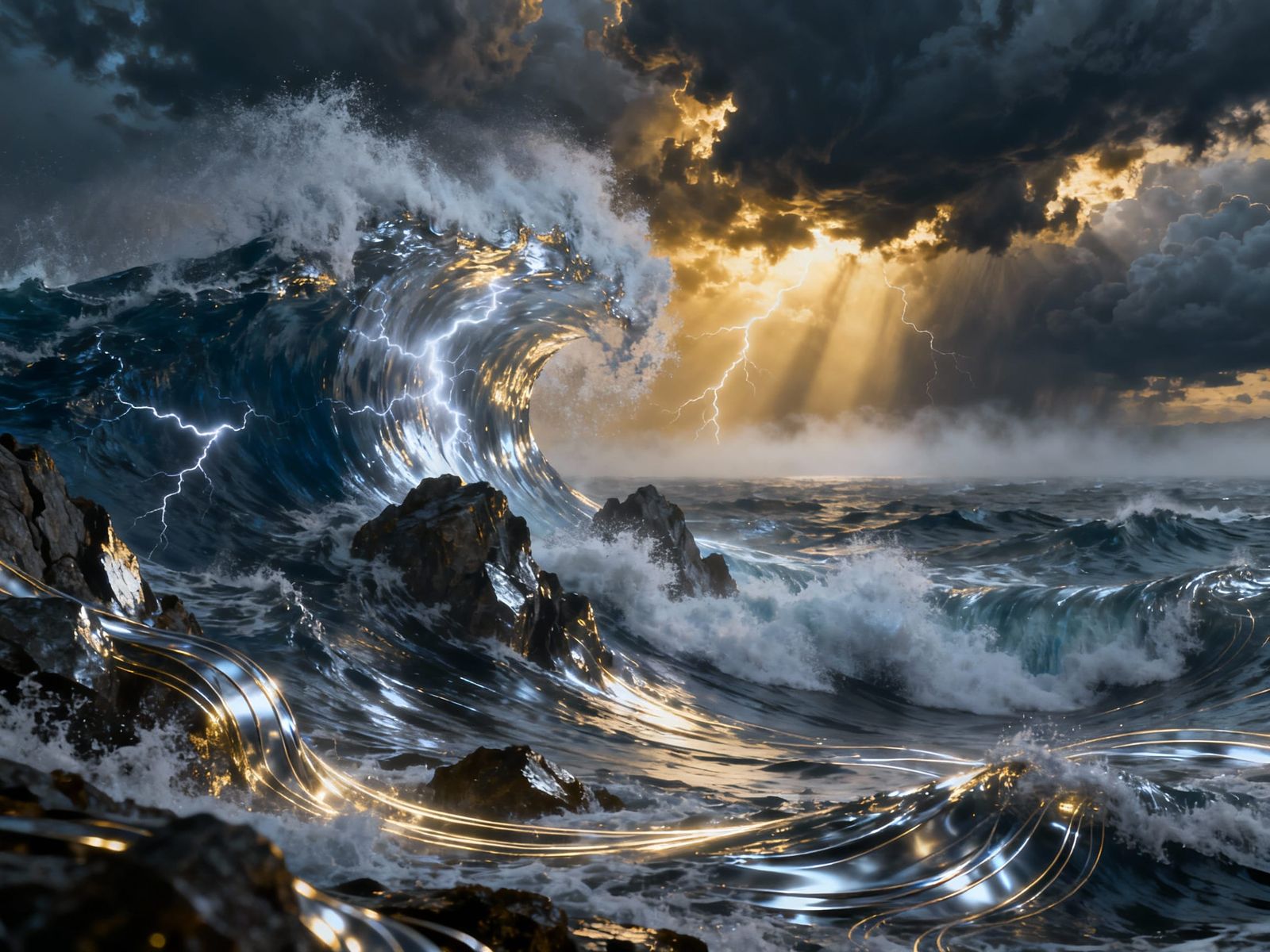 Cinematic Ocean Storm Artwork with Metallic Tones