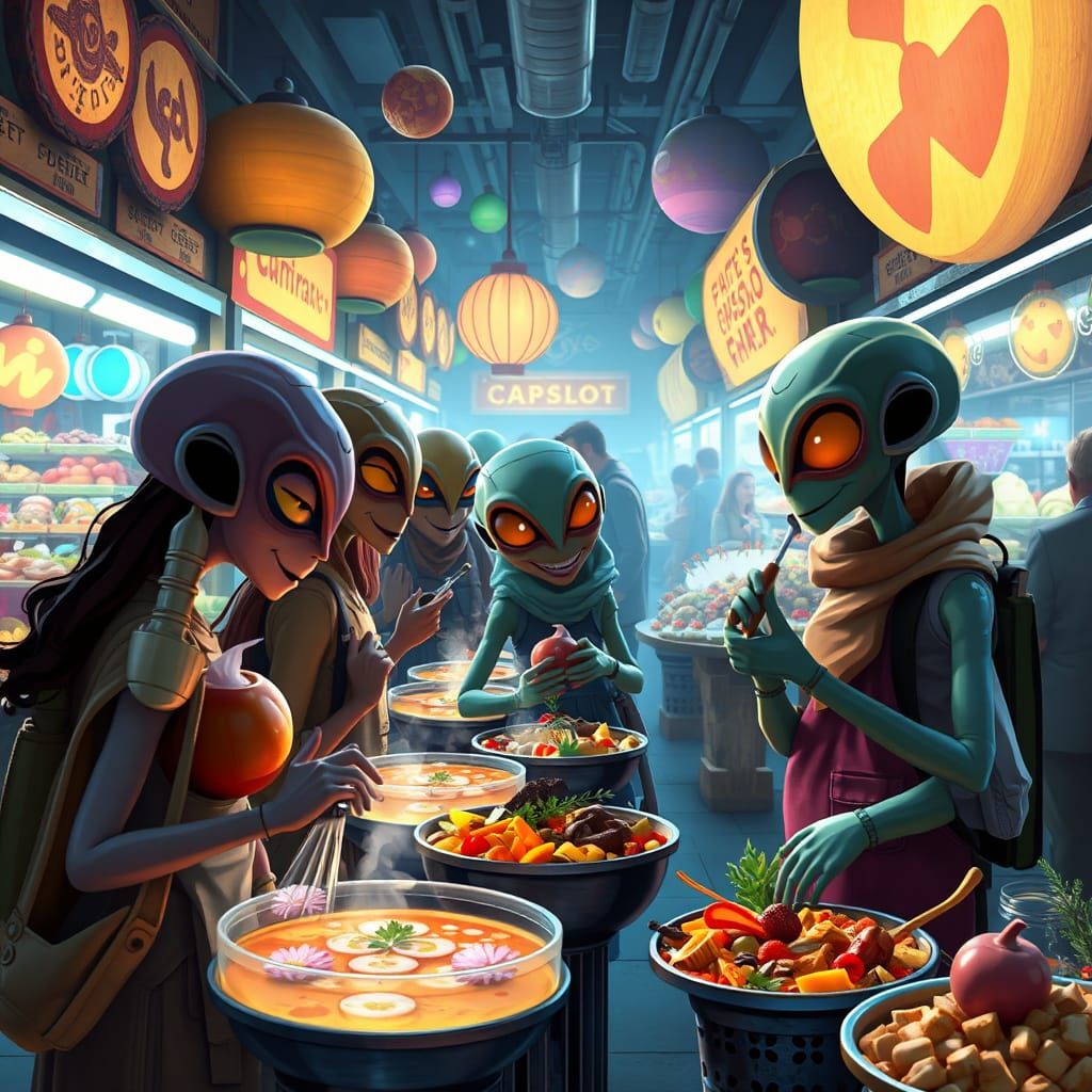 Bustling Alien Food Market with Exotic Intergalactic Cuisine