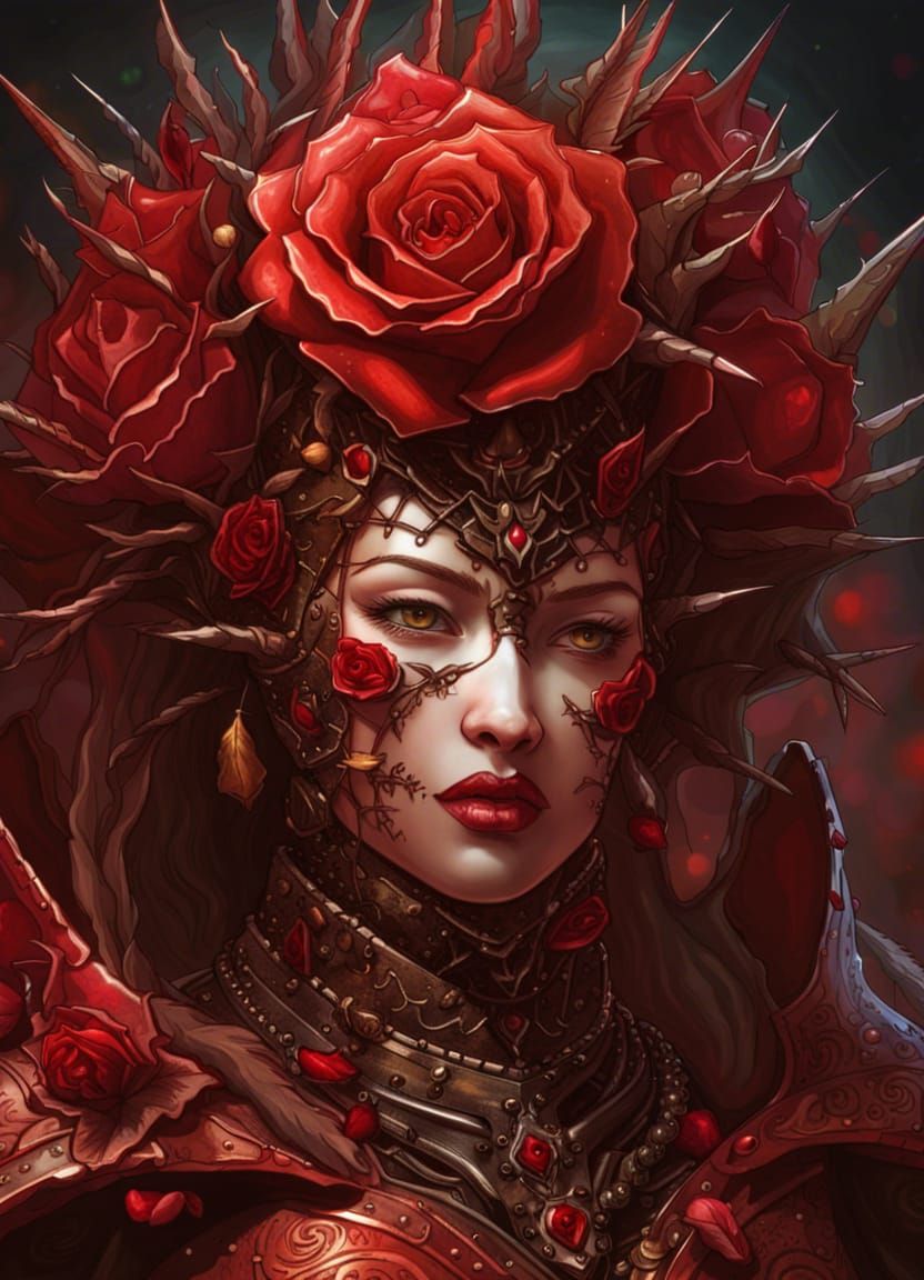 Red Rose Queen Portrait in Horror Art Style