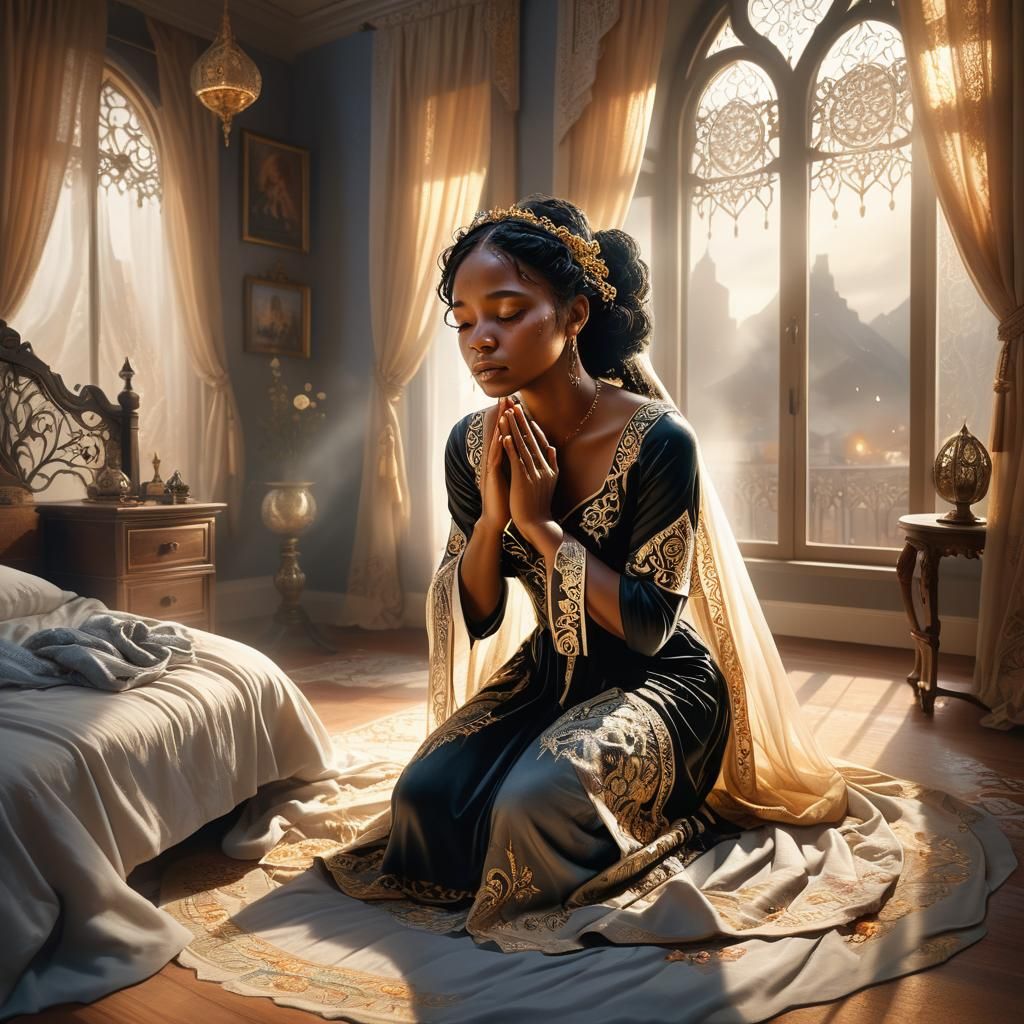 Woman Praying in Luxurious Bedroom: Fantasy Art