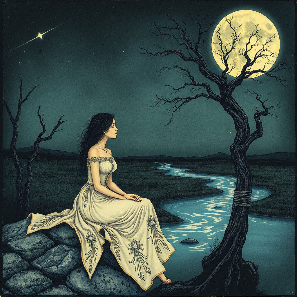woman, sitting, moon, tree, river