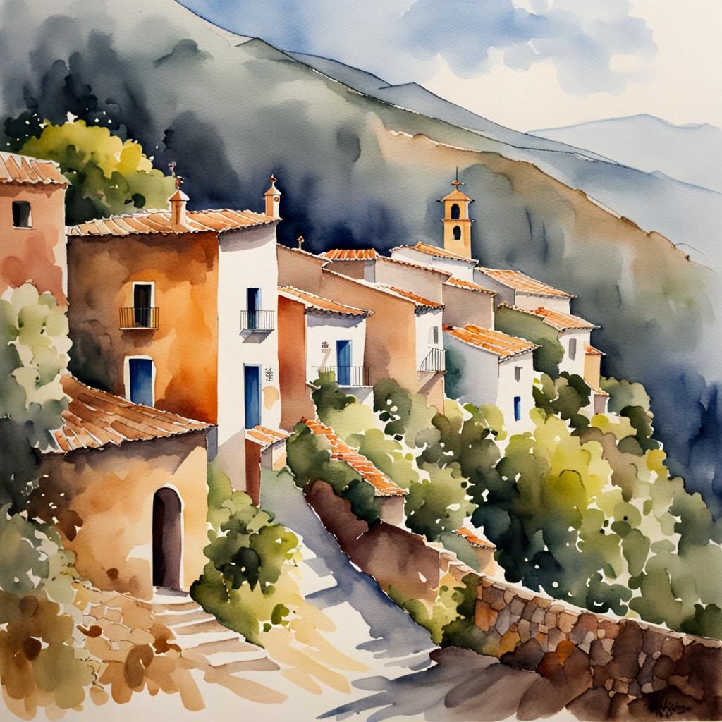 Spanish Village in the Mountains Watercolor Painting