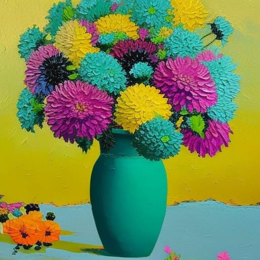 Chrysanthemums and Bumblebees in Rococo Expressionist Style