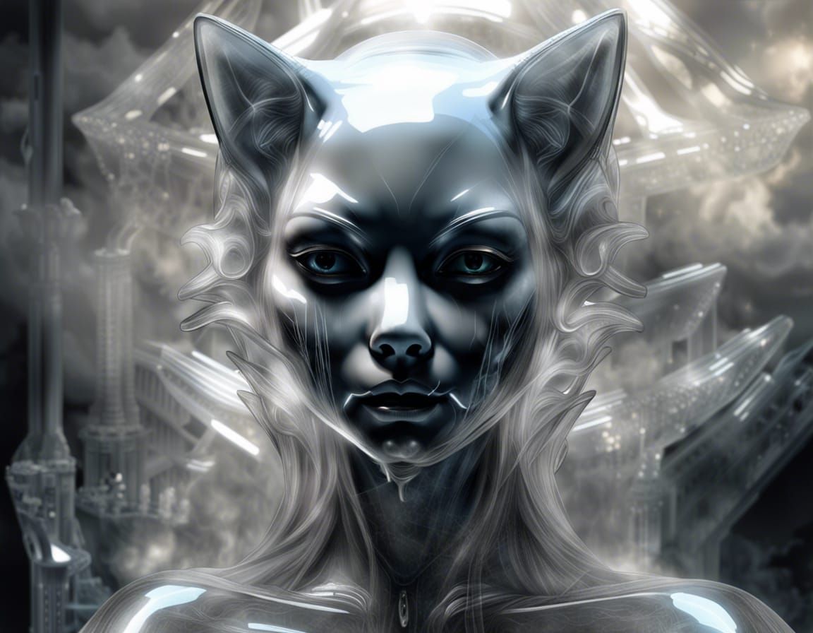 Crystalline Neko Emerges From Smoke, Ethereal Art