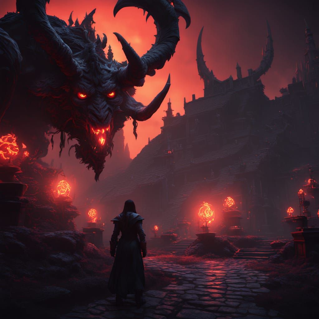 Epic Demon Lord with Sorceress in Dark, Mystical Realm