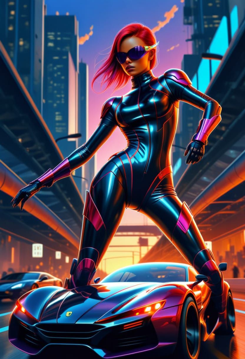 Red Sports Car Racing at Sunset in Syd Mead Style