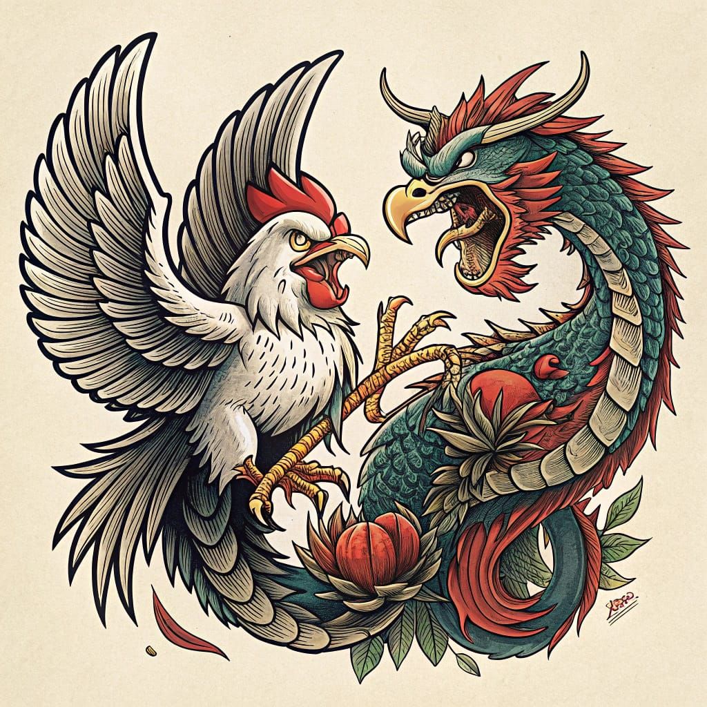 Fierce Chicken Battles Dragon in Tattoo Art