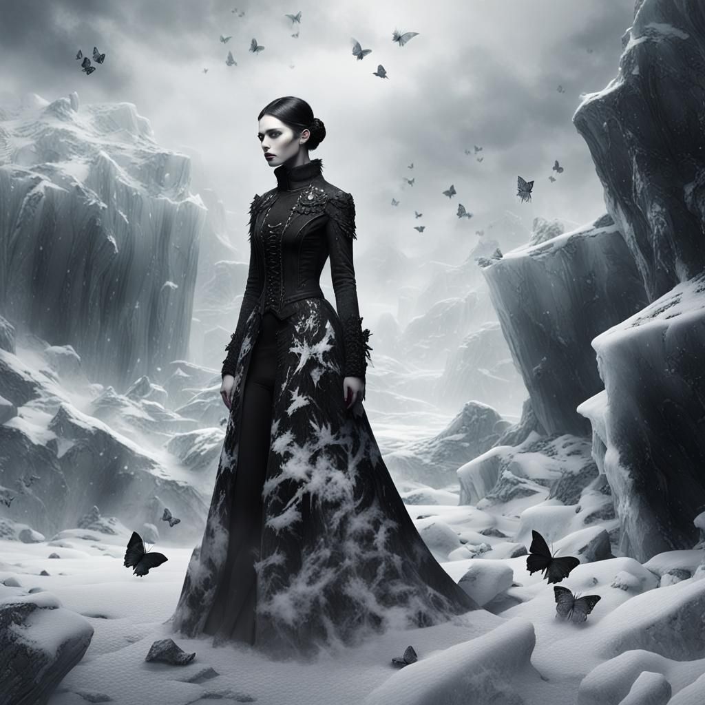Gothic Model in Icy Landscape: Black and White Photography