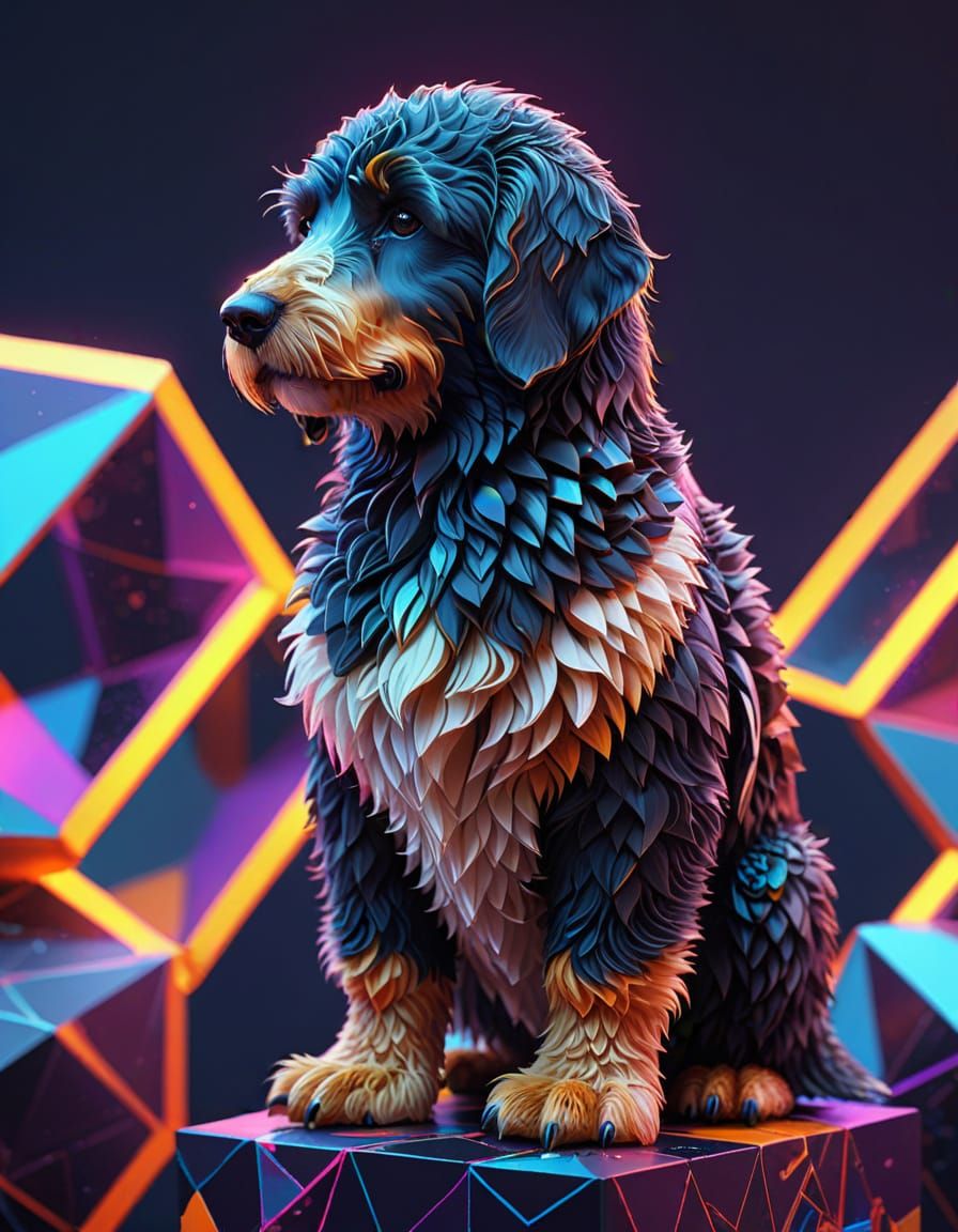Labradoodle Penguin Hybrid on Supercube in Neon Light