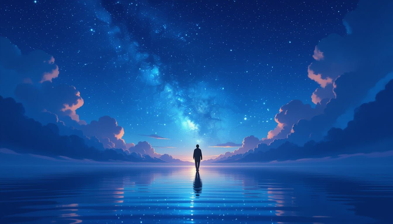 Lone Figure Enters Starry Expanse with Luminous Water