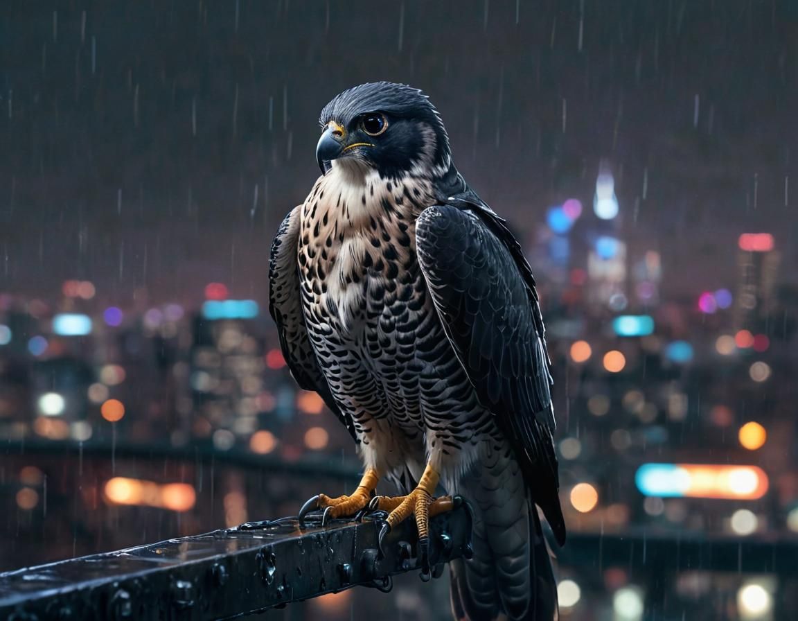 Cyberpunk Peregrine Falcon Close-Up: Neon Cityscape