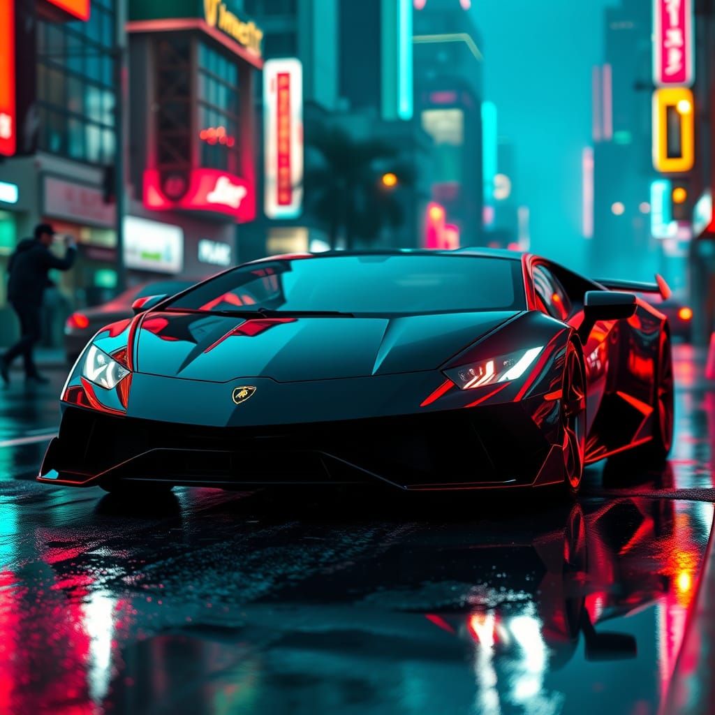 Sleek Black Lamborghini in Neon Cityscape