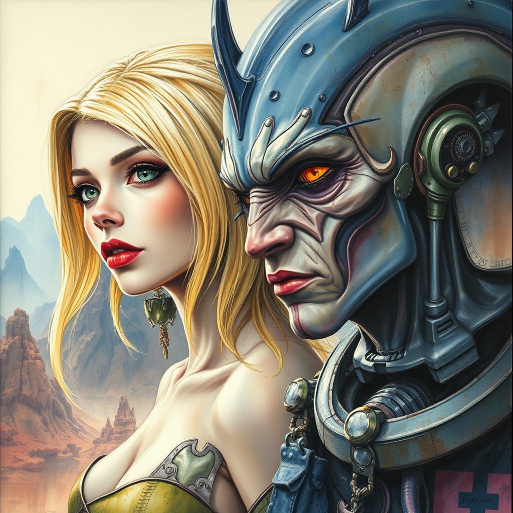 Alien Couple in Futuristic Landscape as Matte Painting