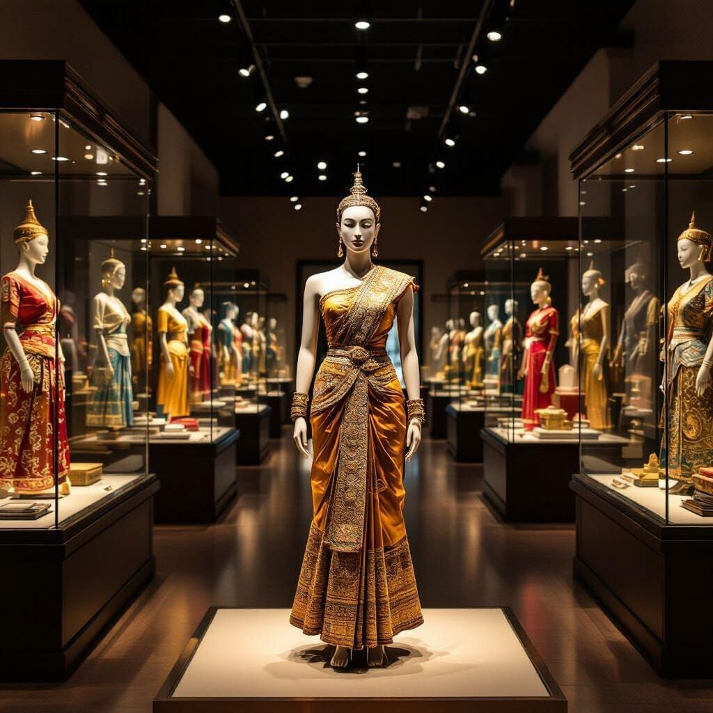 Cambodian Museum Interior Showcasing Traditional Sbai Costum...