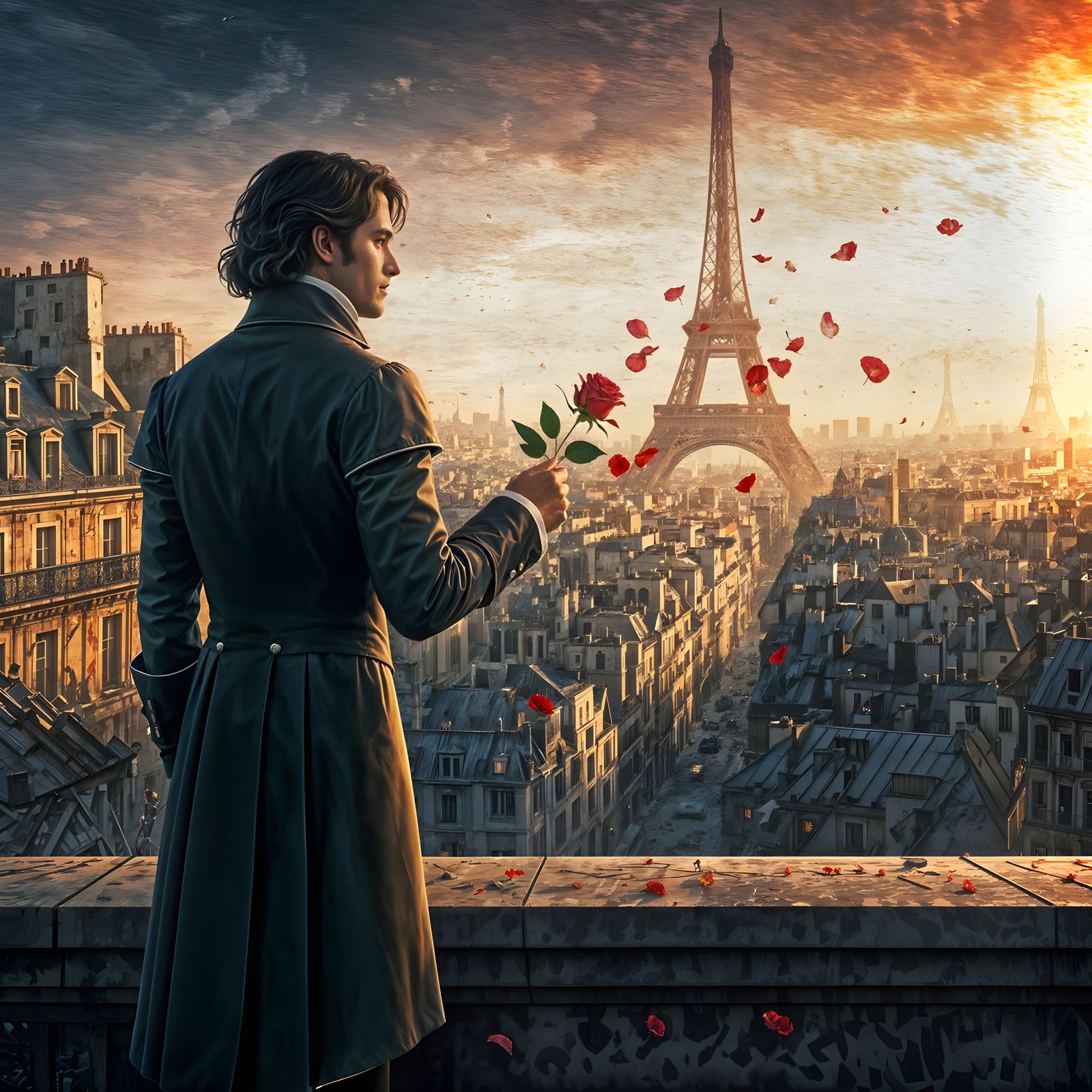 Romantic Hero in Ruined Paris: Renaissance Oil Painting