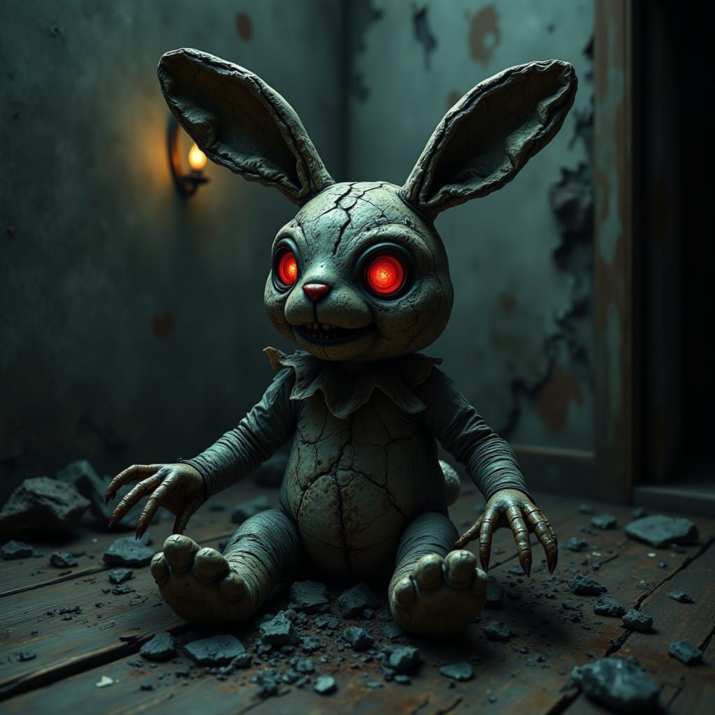 Horrifying Stuffed Bunny with Cracked Red Eyes in Ruined Nur...