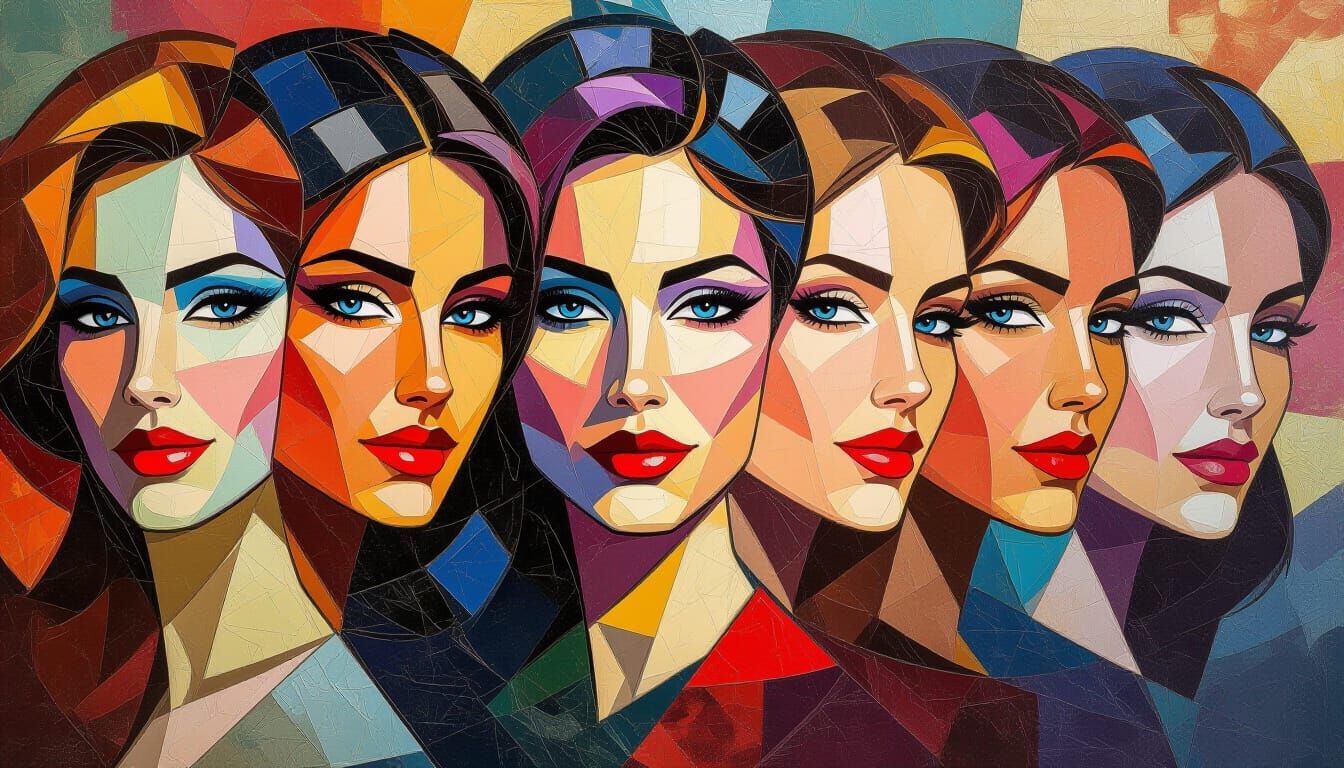 A portrait collage of multiple women's faces in a vibrant mo...