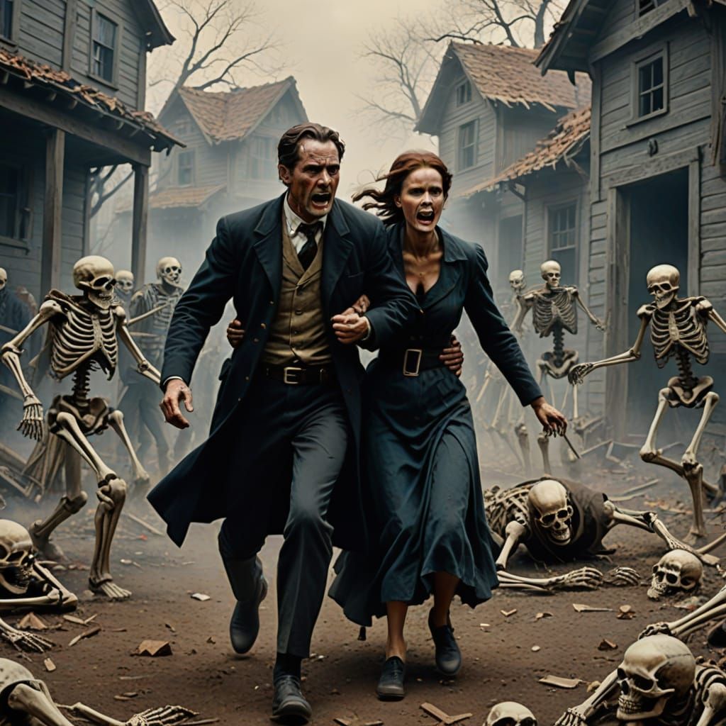 Western Gothic: Man Escaping Skeletons with Woman