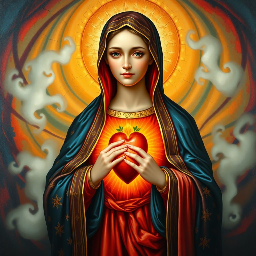 Majestic Virgin Mary with Sacred Heart in Dreamlike Style