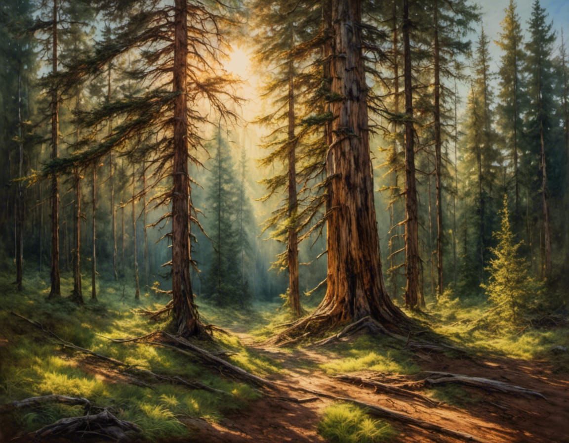 Spruce Tree in Forest, Impressionist Oil Painting